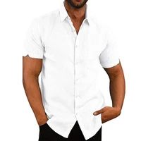 Chemises d'Été en Coton et Lin pour Homme, Chemisiers Décontractés à Manches Courtes, Couleur Unie, Col Rabattu, Vêtements de Plage Formels 5
