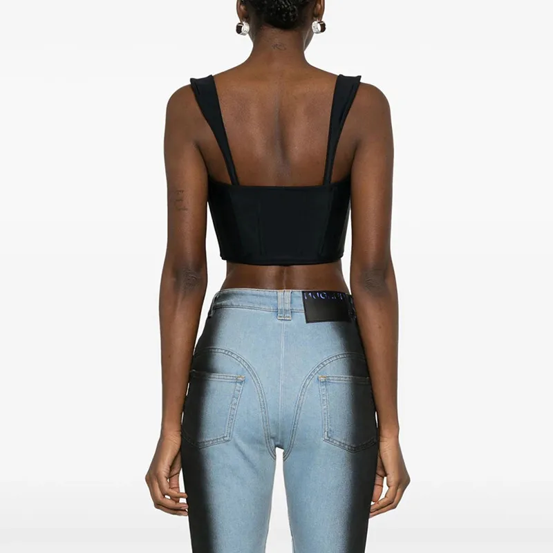 KBQ Slimming Denim Two Piece Set For Women Square Collar Sleeveless Vest High Waist Jeans Streetwear Sets Female Fashion Style