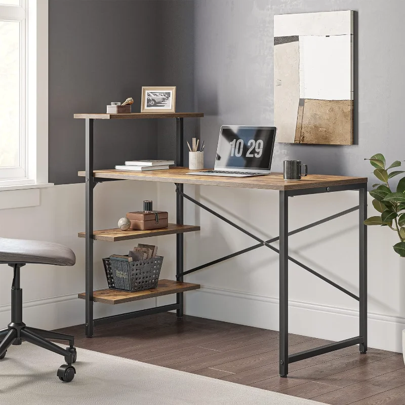 CubiCubi Small Computer Desk with Shelves 40 Inch, Home Office Desk, Study Writing Office Table, 3 Tier Shelf, Brown умный стол с электрическим подъемным механизмом xiaomi leband electric lifting table 1200x600 mm brown