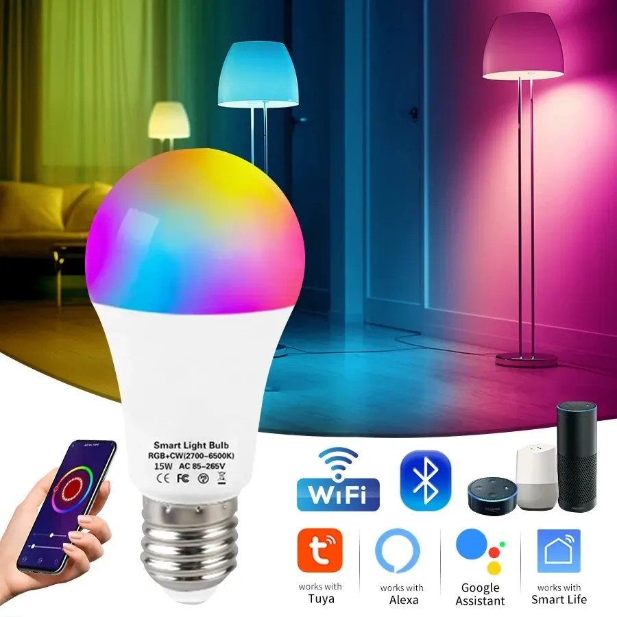 Lâmpadas Tuya Smart RGB, Lâmpada LED E27, 15W, Aplicativo Smart Life, Controle de Voz, Bluetooth, WiFi, Alexa, Alice, Google Home - AliExpress