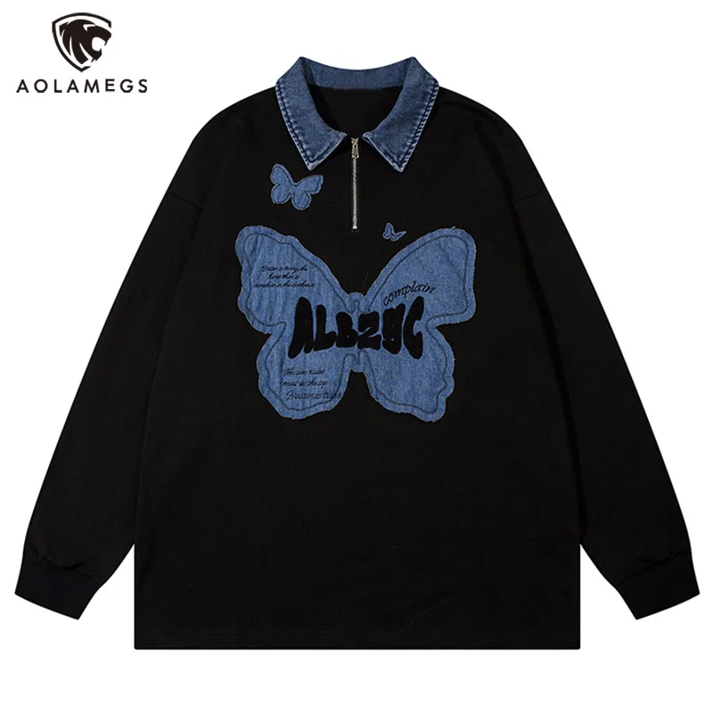 

Men's Streetwear Denim Lapel Zipper Collar Sweatshirt Autumn New Denim Butterfly Patches Rib Sleeve Pullover Oversized Unisex