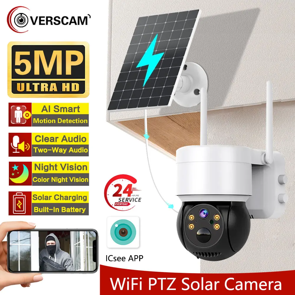

Solar Camera WIFI Outdoor 5MP HD Wireless Security CCTV Waterproof Night Vision PIR Human Detect PTZ Camera with Solar Panel