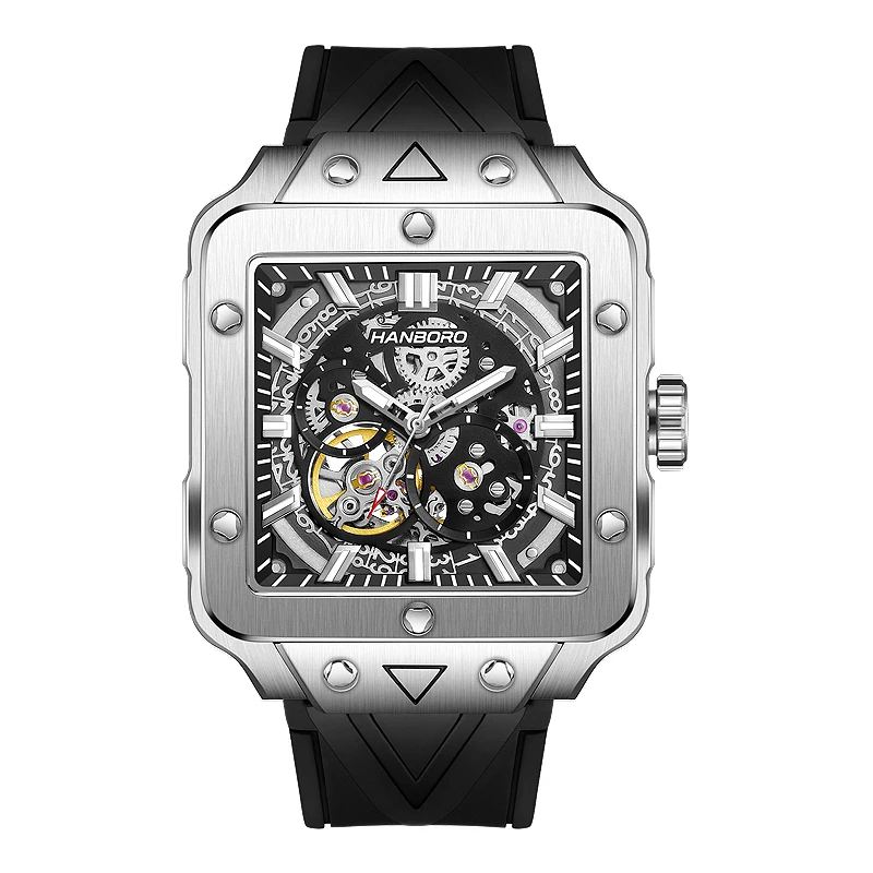 

Square Watch Men Mechanical Automatic Skeleton Watch Men Luxury Stainless Steel Waterproof Luminous Wrist Watches Silicone Strap