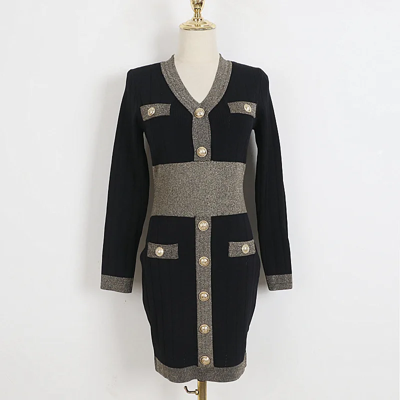 

Shoulder padded V-neck dress spring/autumn new gold thread metal buckle slim fit long sleeved knitted dress