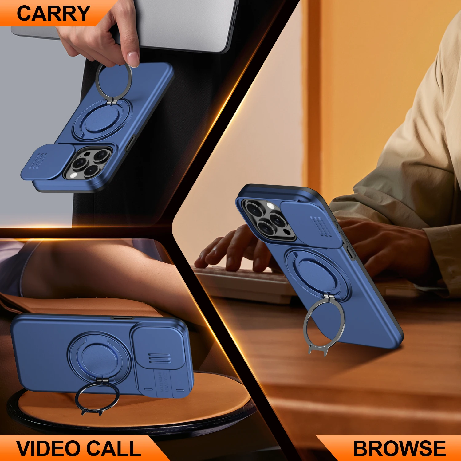 360° Rotating Shockproof Magnetic Stand Phone Case with Slide Camera Protection Cover