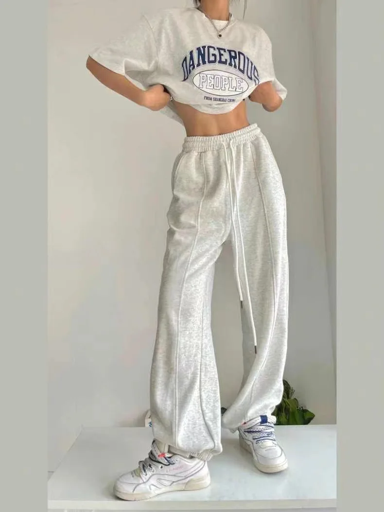 

Korean Unisex Loose Simple Joggers Sweatpants Women Harajuku Hip-Hop Gray Wide Leg Pants Oversized Baggy Sportswear Trousers
