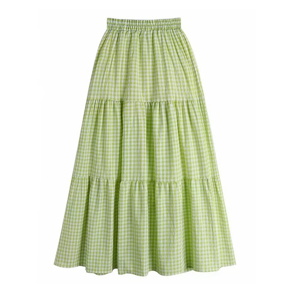

New Summer Women's Casual Midi Skirt Green Black White Plaid Elastic High Wasit Cotton Linen A Line Plus Size Long Skirt VD3934