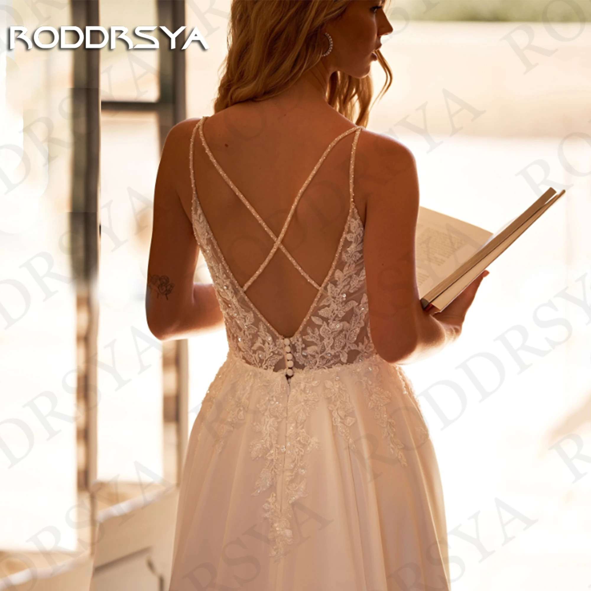 RODDRSYA Charming V Neck Open Back Wedding Dress A Line Spaghetti Strap Split Bridal Gown Lace Appliques