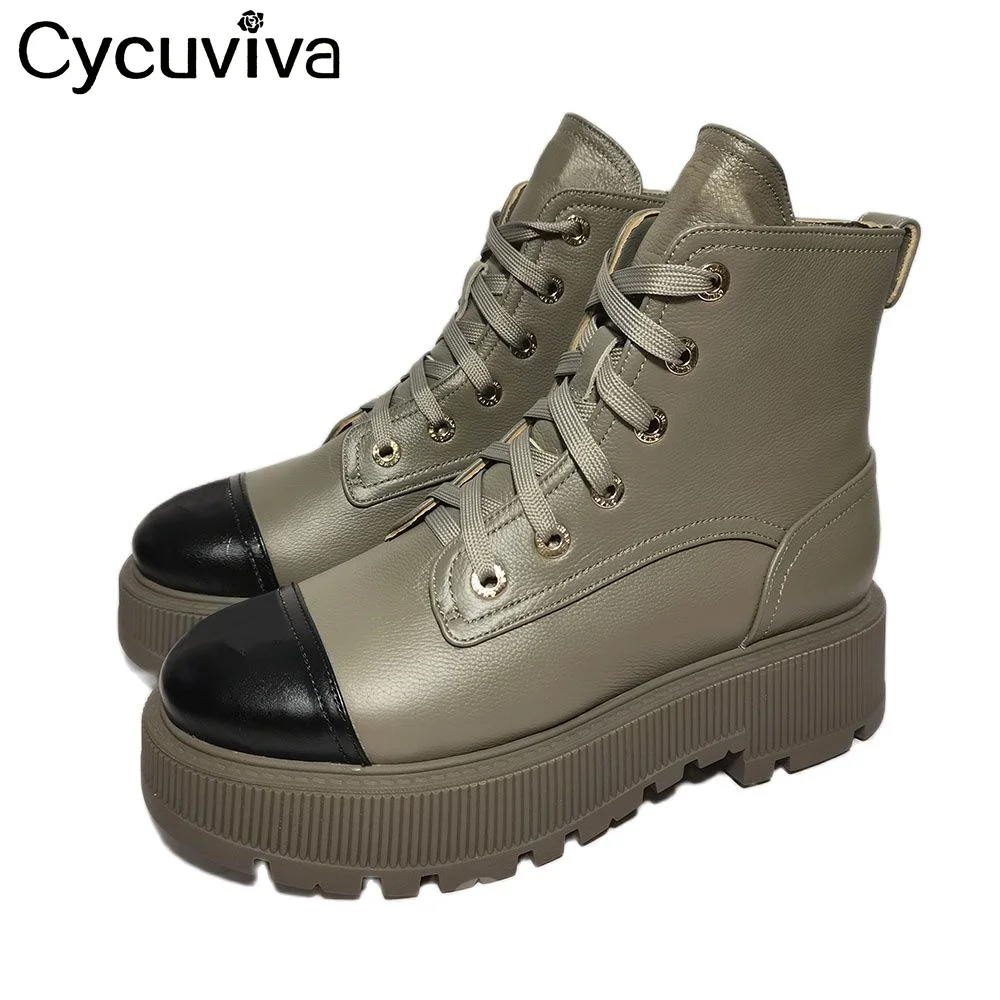 

Winter Autumn Real Leather Platform Short Boots Thick Sole Lace Up Ankle Boots For Woman Flat Casual Shoes Brand Botas Mujer