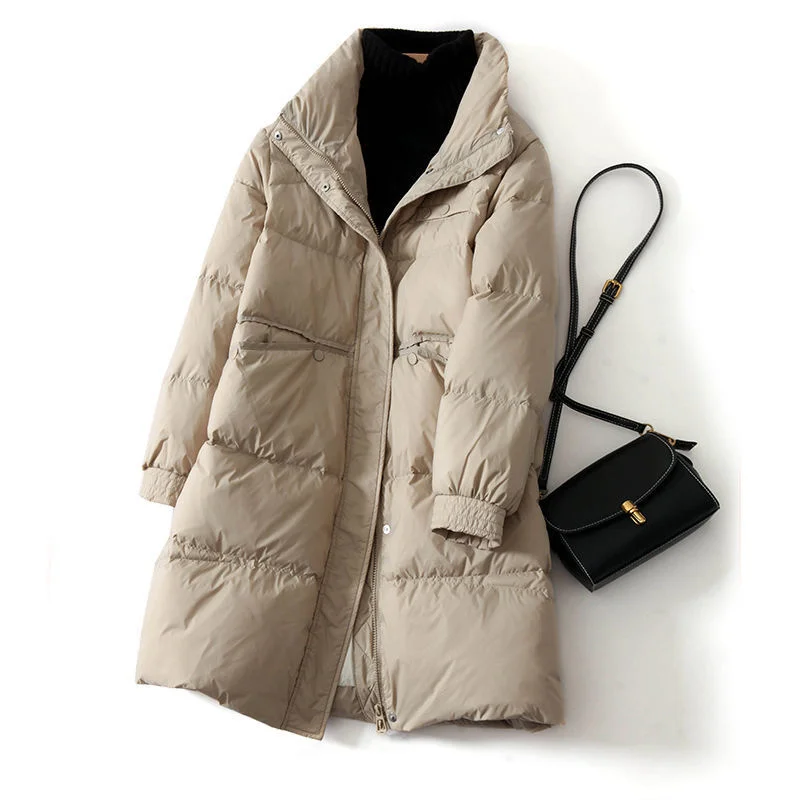 

2022 Winter Women's Mid-length Down Jacket Windproof Stand Collar Windproof Stand Collar White Duck Down Keep Warm Down Coats