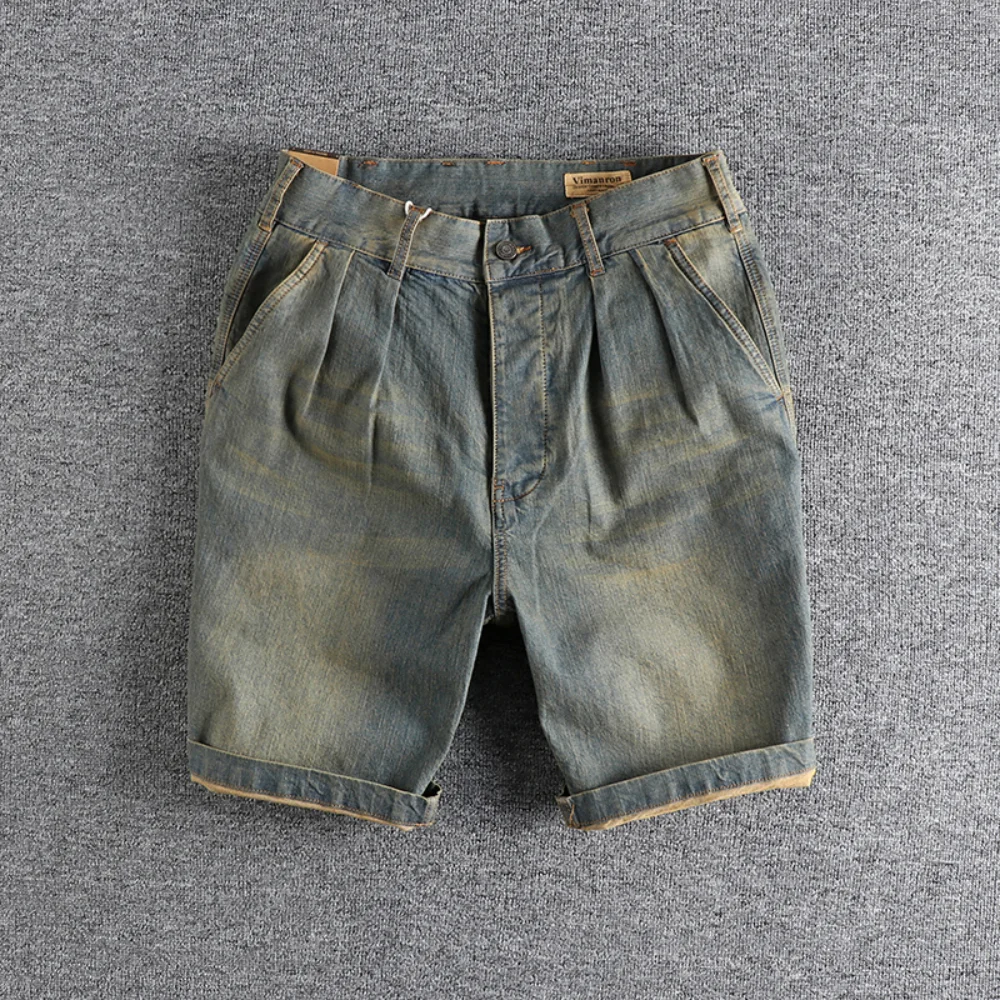 

Vintage Washed Distressed Design Denim Shorts Men's Loose Fit Straight-Leg Versatile Mid-Length Jeans