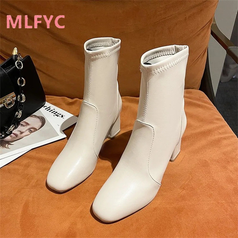 Large thick heeled short boots for women new winter female shoes high heeled boots sleeve for ladies square toe boots