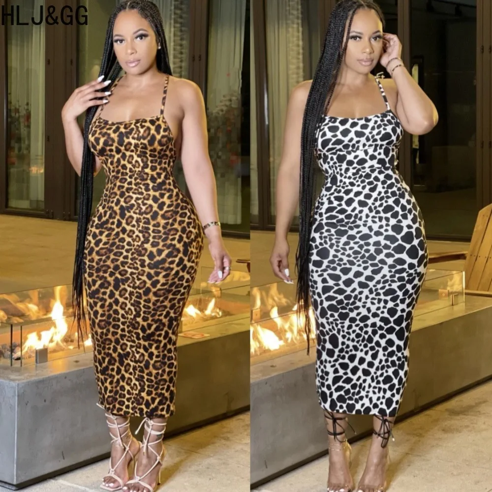 

HLJ&GG Fashion Leopard Printing Halter Sleeveless Bodycon Dress Women O Neck Backless Slim Vestidos Sexy Lady Lace Up Streetwear