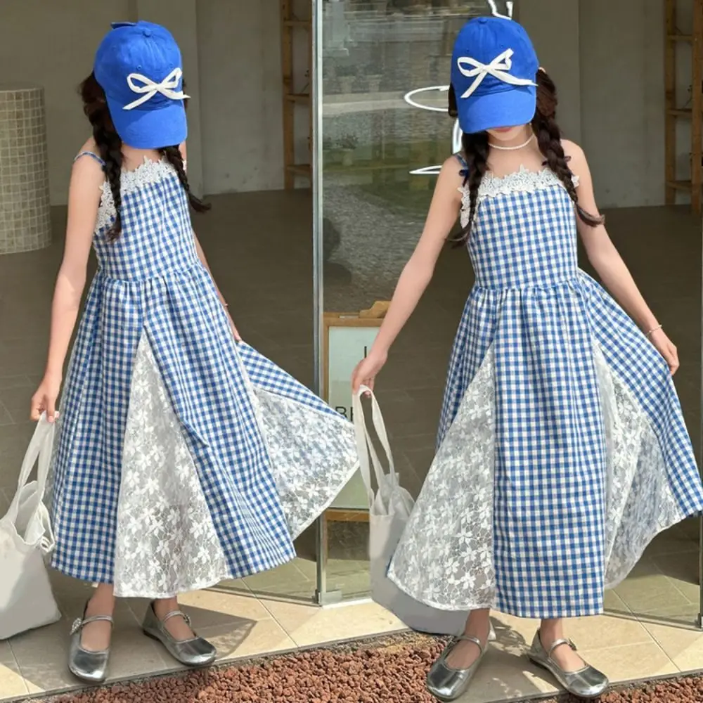 Fashion Plaid Girl Princess Dress Lace Mesh Sweet Teens Sling Dress Loose Skirt Children Sleeveless Dresses Beach