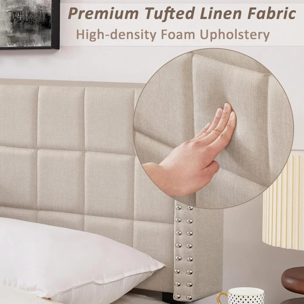 Linen Upholstered Headboard for King Size Bed, Tufted Nailhead & Double Wingback for Bedroom, 6 Adjustable Position from