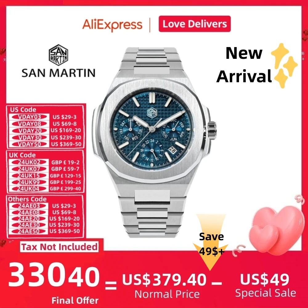 San Martin 43Mm Orologio Meccanico Automatico Multifunzione Per Uomo 9120 Ore Data Settimana Mese Vetrina Reloj Hombre Sn0075B