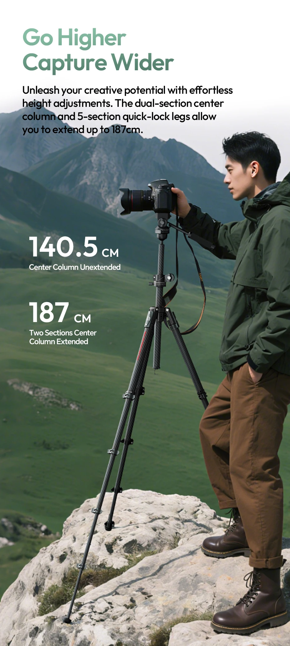 Ulanzi JJ06 1,87 m GlideGo Video Professionelles Kamerastativ mit 360° ° Pan Panoramic Ball Head Dual-Section Center Column Load 5KG – Detail 8