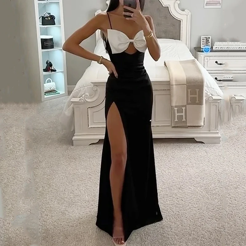 

Ellafads Maxi Dress Women Elegant Chic Solid Suspender Sleeveless Hollow Out With Bow Nipped Waist Slim Slit Satin Evening Dress