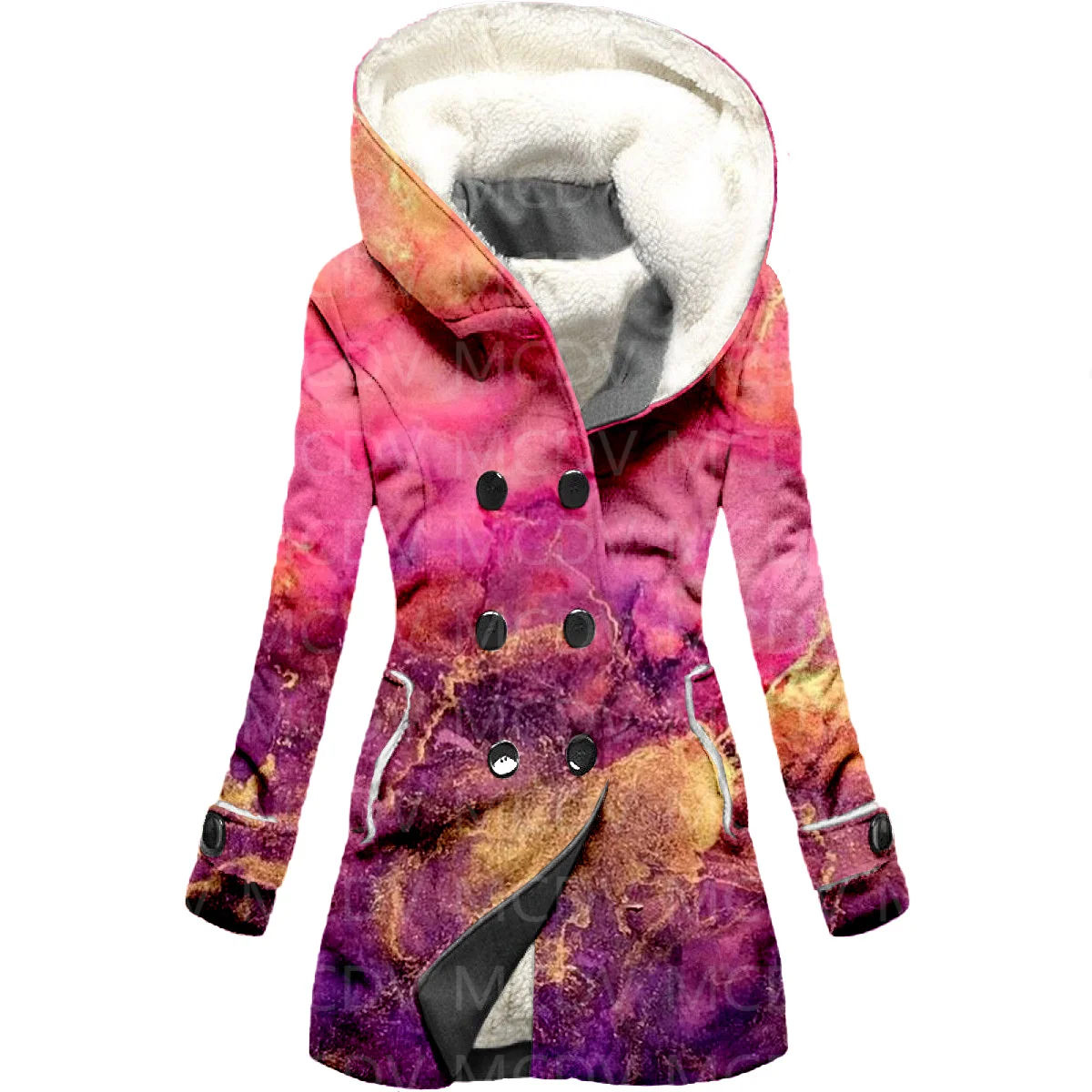 Pink Quicksand 3D Printed Fleece Hooded Cloak Women Thick Warm Coat Women's Winter Warm Overcoat