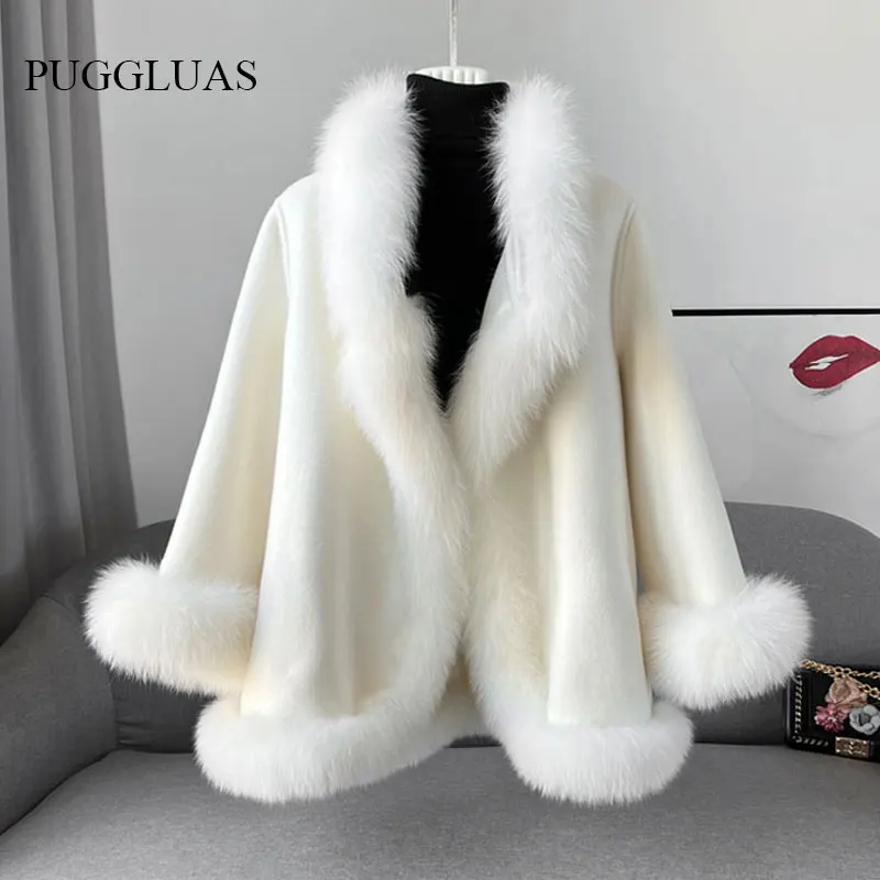 

2024 Winter Solid Fox Fur Collar Poncho Coat Luxury Warm Women Cashmere Jacket Cute Thick Female Lace up Parkas Wollen Overcoat