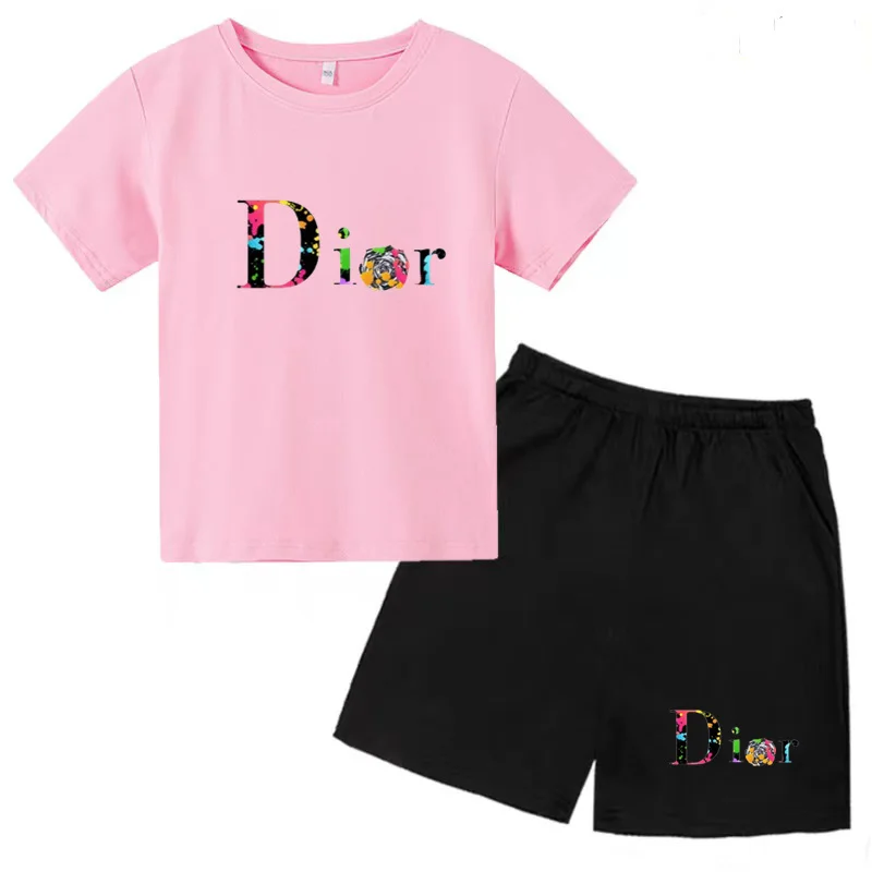 Kids Clothing Set Kids T Shirt Kids Sports Suit Children Sports Suit Kids Summer Monogram Print Top Boys Girls 3-12 Years Old Top + Shorts 2P Casual