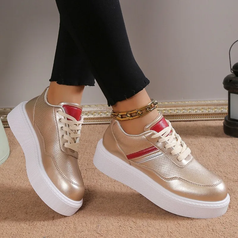 

Кроссовки женские кожаные на шнуровке, толстая Вулканизированная подошва, круглый носок, Повседневная Уличная дышащая обувь для тенниса