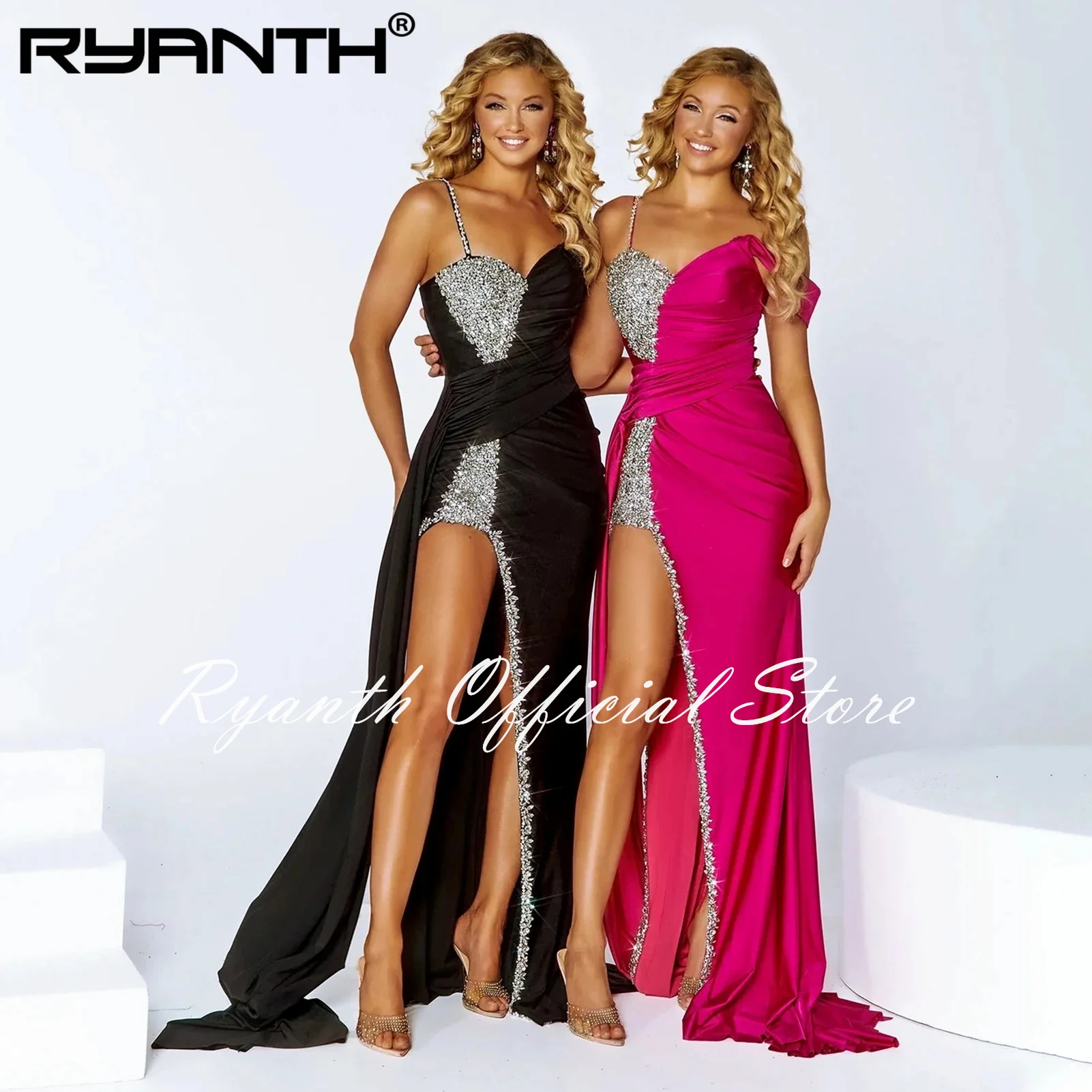 

Luxury Crystal Train Evening Dresses 20234 Sexy Sheath Satin Cap Sleeve Party Dresses Spaghetti Straps Prom Gown Robes De Soirée