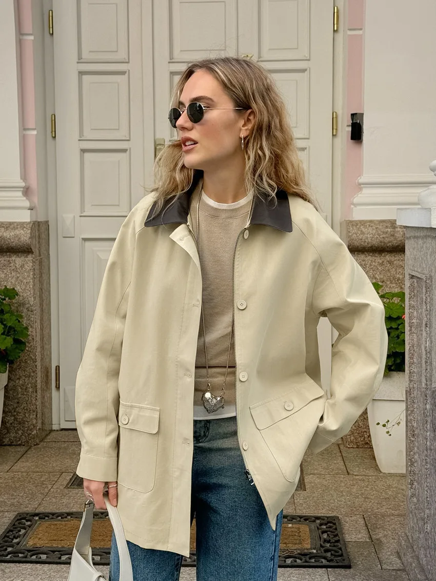 Fashion Pocket Trench Outwear For Women Patchwork Autumn Cardigan Vintage Lapel Loose High Waist Coat Women's Overcoat New