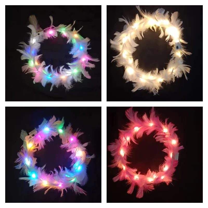 Glow Headband Luminous Hair Bands Adjustable LED Light Party Favors Feather Wreath Hairband for Wedding Birthday Glow Party Hair Accessories 1pc