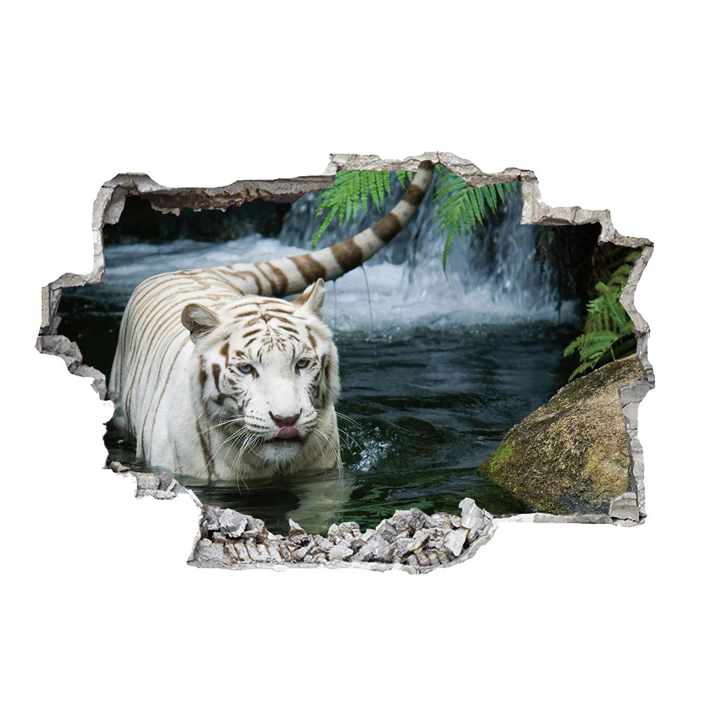 Cartoon animal tiger Breaking hole the wall stickers for bedroom Home Decor mural Living room Decal Cartoon Art wall paper