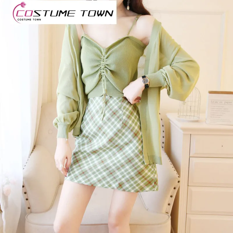 Small Fresh Set Skirt Women's Fashion New Fruit Green Cardigan Suspended Tank Top+Checkered Half Skirt Three Piece Set