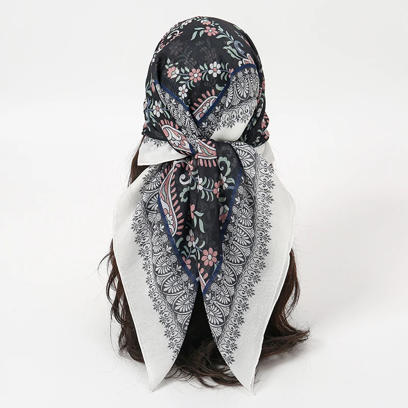Luxury Fashion Print 90x90cm Square Silk Scarf Women Soft Satin Hairband Neckerchief Tie Female Headband Foulard Bag Ribbon