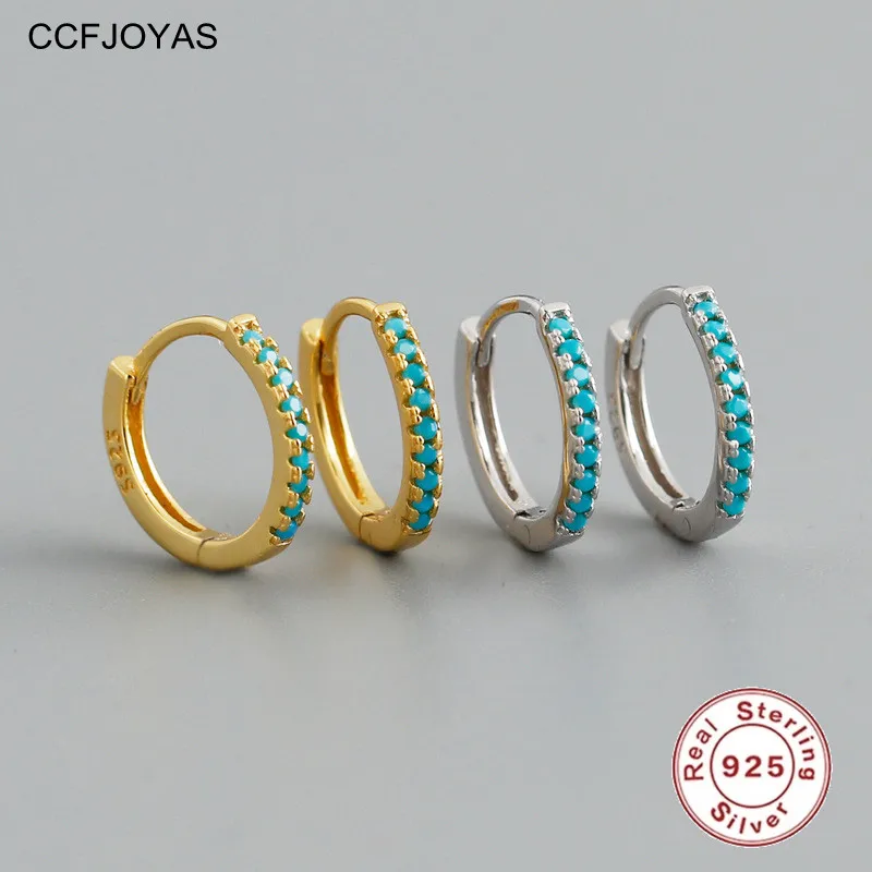 

CCFJOYAS 925 Sterling Silver Turquoise Zircon Hoop Earrings Simple INS Round Circle Earrings Women Fashion Wedding Jewelry Gift