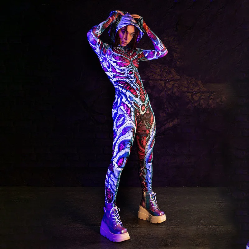 Devil Skeleton Print Jumpsuit Hat Catsuit Cosplay Costumes Tights Zentai Suit Halloween Party Bodysuit halloween costumes