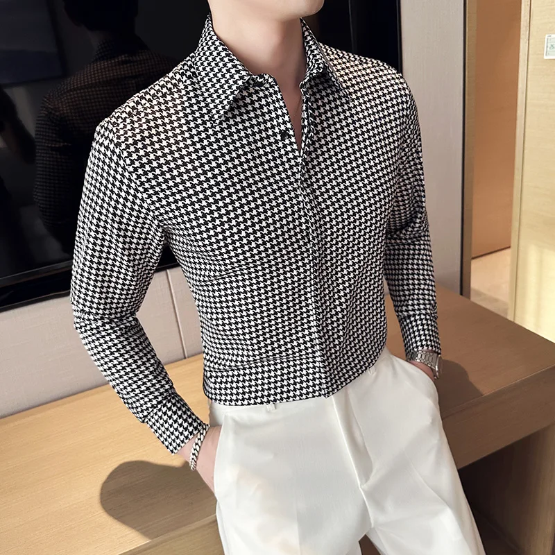 

Male Social Formal Shirts Solid Plaid Striped Shirt Button Up Shirt Men Dress Casual Long Sleeve Shirt for Men Streetwear S-3XL