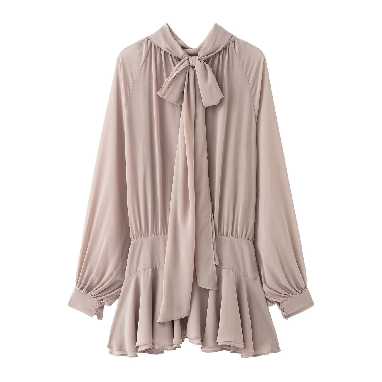 Women Spring Autumn Elegant Pink Dress Female Bow Collar Long Sleeves Pleated Design Mini Dress Lady High Street Party Dress