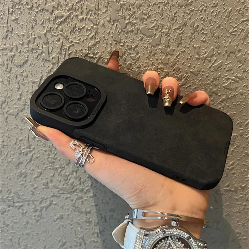 Luxury Shockproof Matte Leather Phone Case with Full Lens Protection