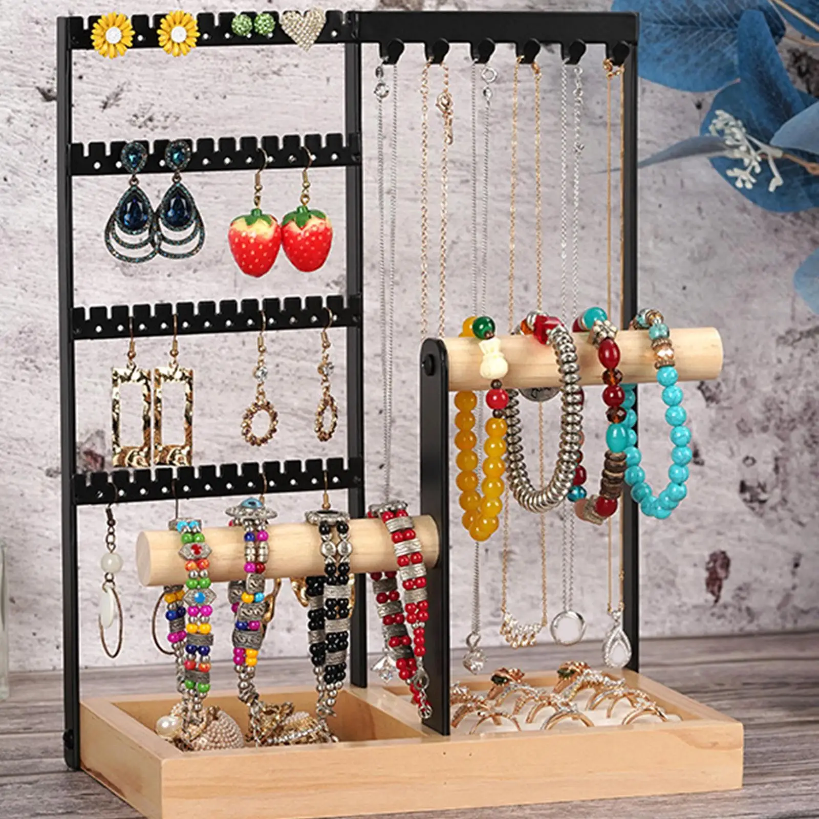 Soporte para joyas, soporte para aretes y pulseras, soporte para anillos  con bandeja de joyería, pequeño estante de torre de joyería para mujeres y