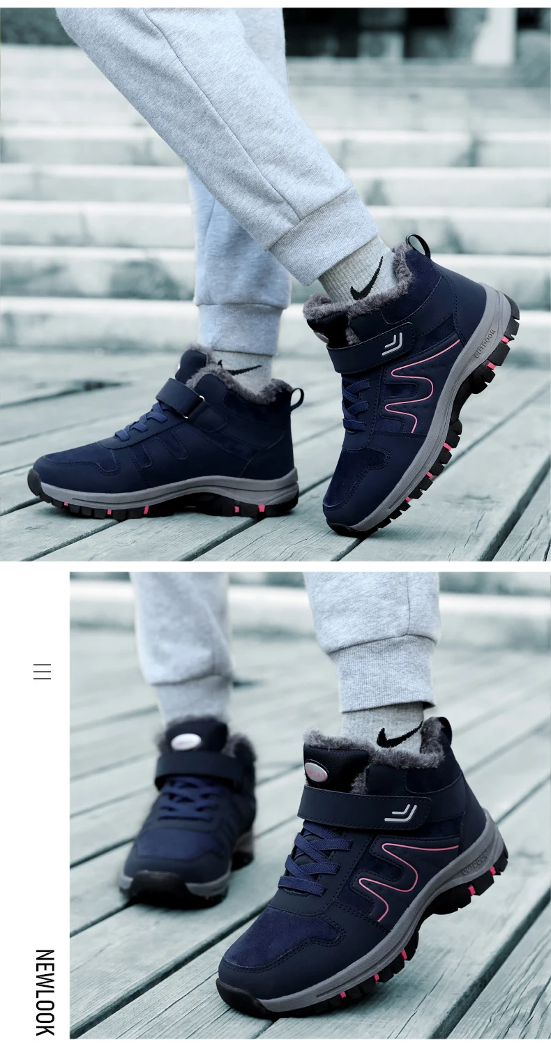 Winter Women Men Boots Plush Leather Waterproof Sneakers Climbing Shoes Unisex Outdoor Non-slip Warm Hiking Ankle Boot Man