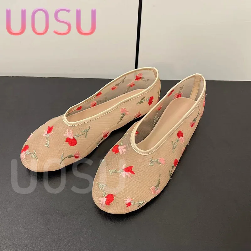 Designer Luxury Women Flats Mesh Cutout Style Ballet Shoes Rose Pattern Sandals Breathable Comfortable Sheepskin Insole Banquet