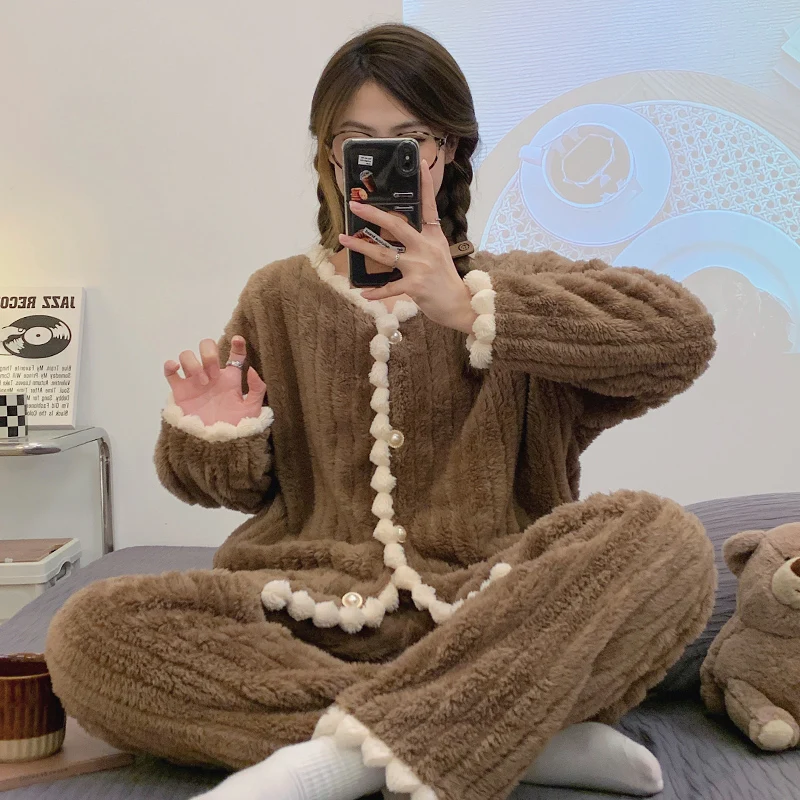 Winter plush 280g coral velvet pajamas women thickened pit cardigan flannel women's pajamas lace girls' home clothes suit