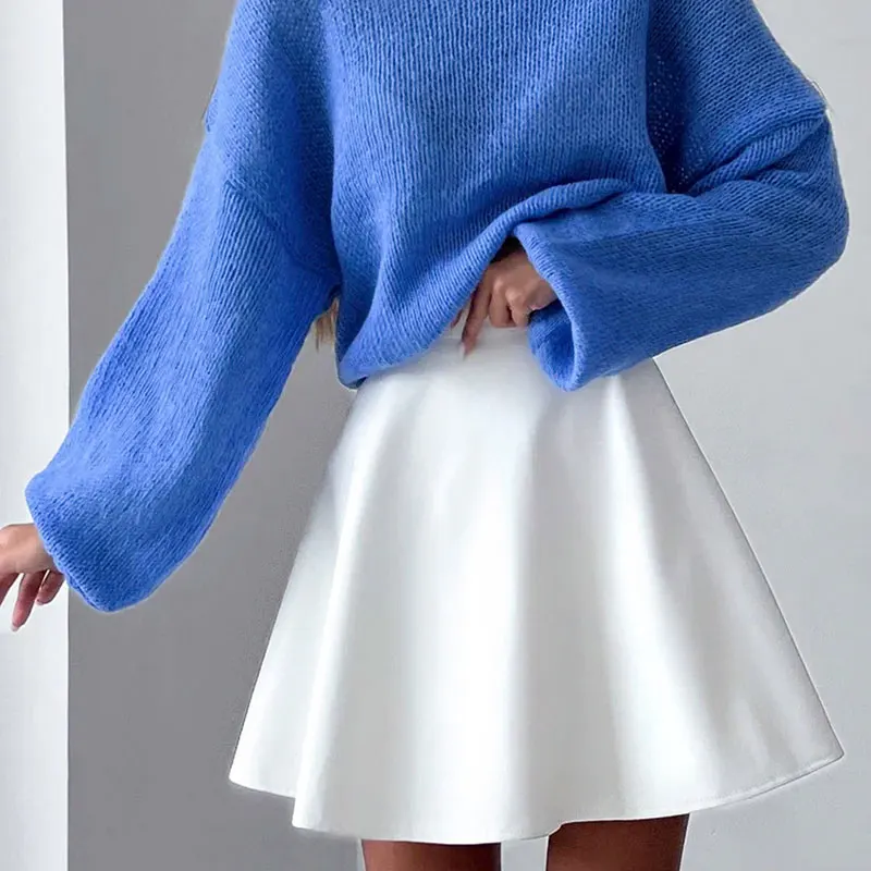 

French Simple Little White Dress Solid Color Leather Stitching A-Line Skirt Suitable For Women Commuting Pleated Wrap Hip Skirt
