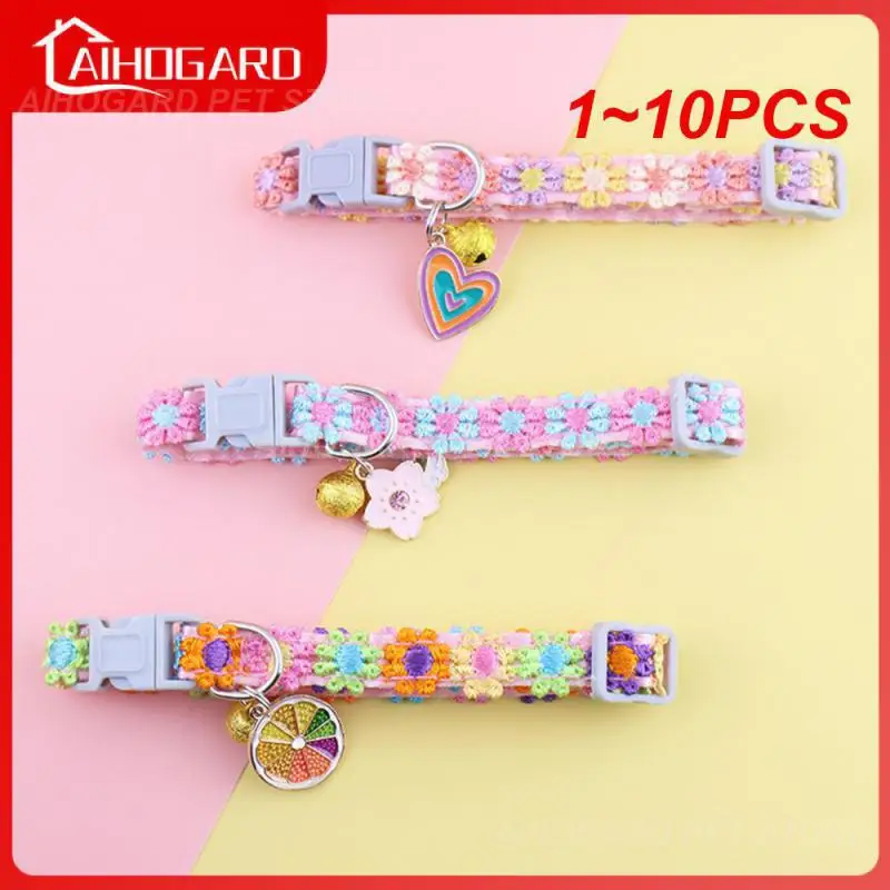 

1 ~ 10 шт. модный Радужный цветок, ошейник для кошек с колокольчиком, котенком, щенком, ожерелье с регулируемой пряжкой, красочная кружевная искусственная собака