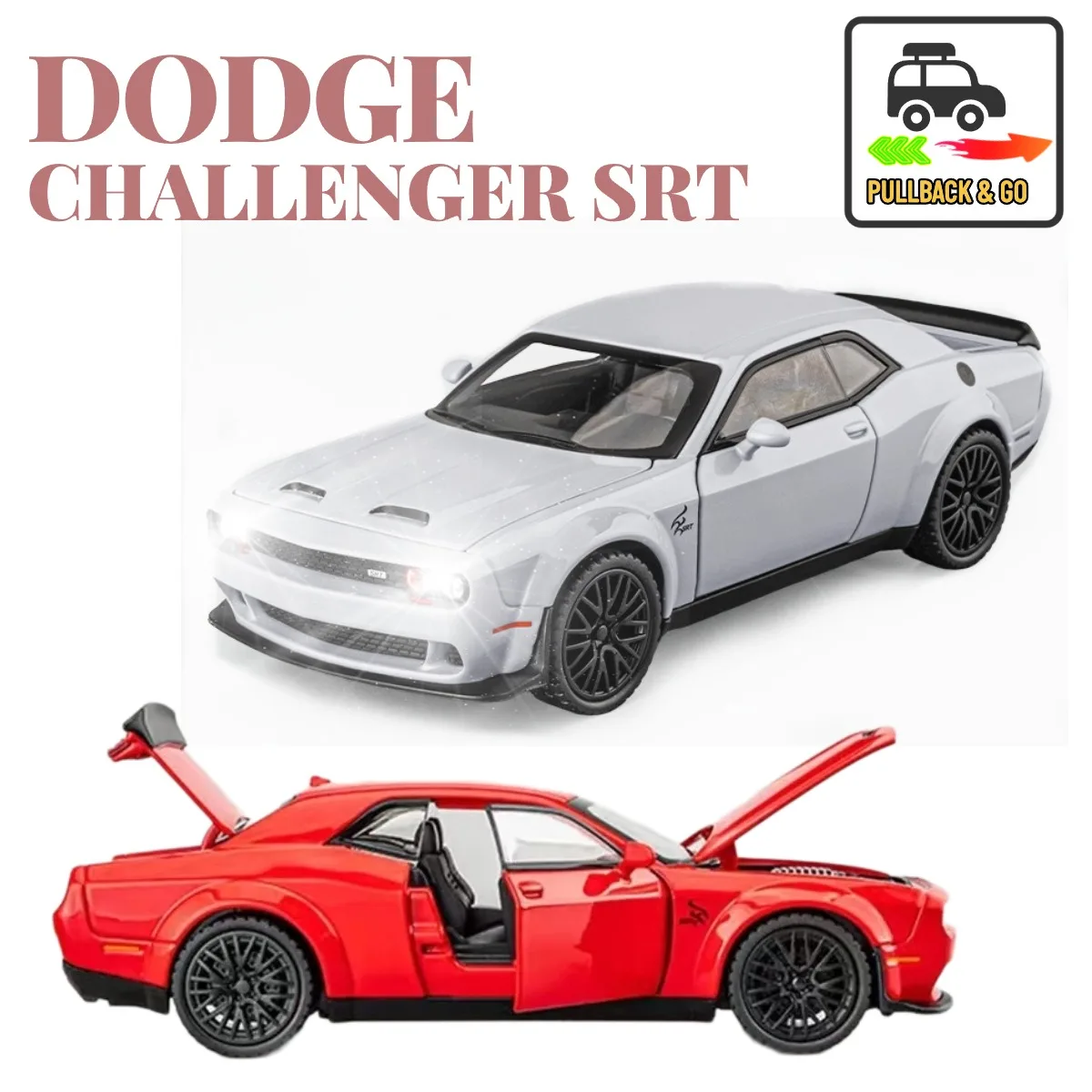 

1:32 Dodge Challenger Pullback Car Toy with Lights Engine Sound, Metal Diecast Off Road Car Model Scale Replica Gift Kid Boy Toy