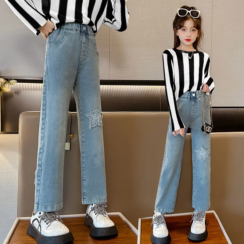 

Girls Jeans Spring Fall Teens Paste Pentagram Straight Denim Pants for Kids Fashion Casual Children Trousers Elastic Waist 4-15Y