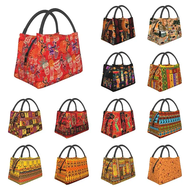 

Red African Ethnic Pattern Thermal Insulated Lunch Bag Women Africa Art Motifs Lunch Tote for Work Travel Meal Food Box