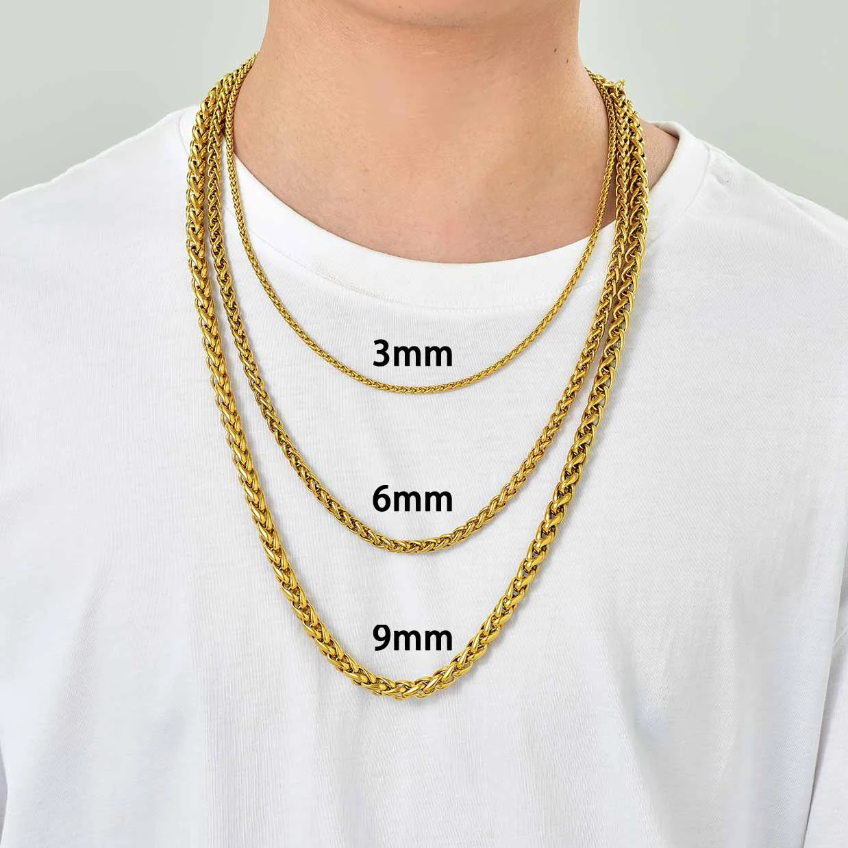 U7 Stainless Steel 3/6/9mm Wheat Chain Necklaces for Men