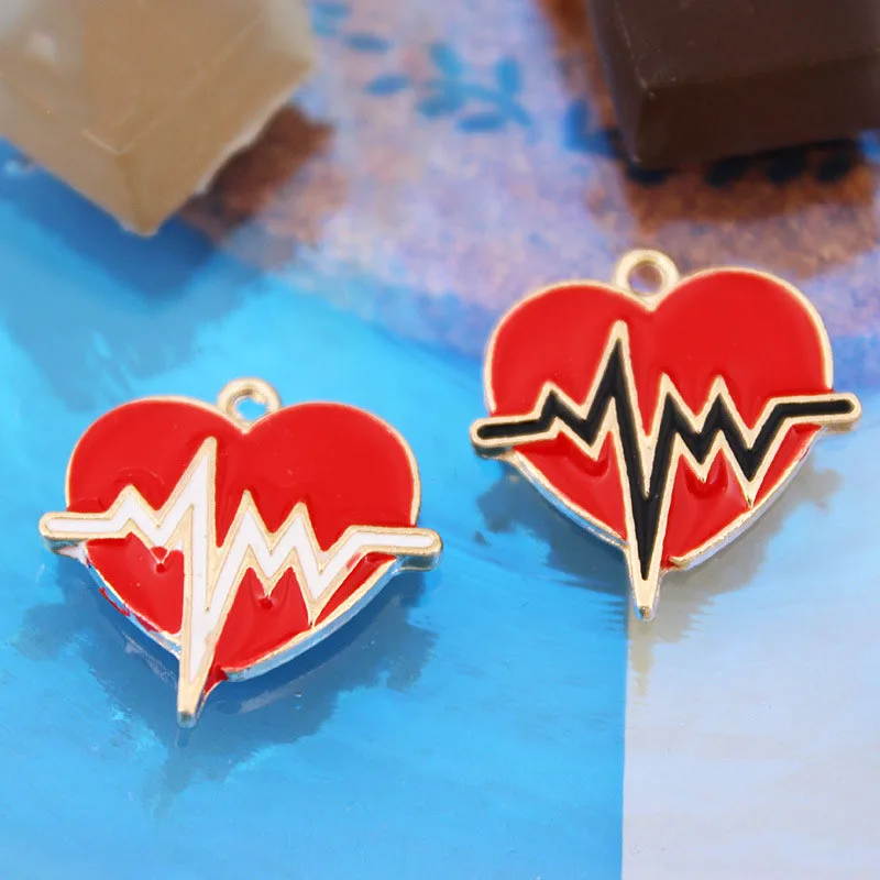 

10pcs ECG Love Heart Alloy Enamel Pendant Heartbeat Fashionable Charm Shiny DIY Necklace Earrings Bracelet Keychain Accessories