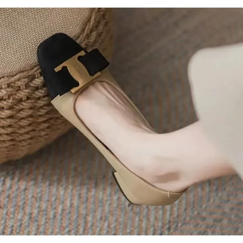 New Temperament Elegant Fashion High-heeled Shoes Women's Shoes Spring Bow Mid-heel Leather All-match Thick-heeled Shoes 6