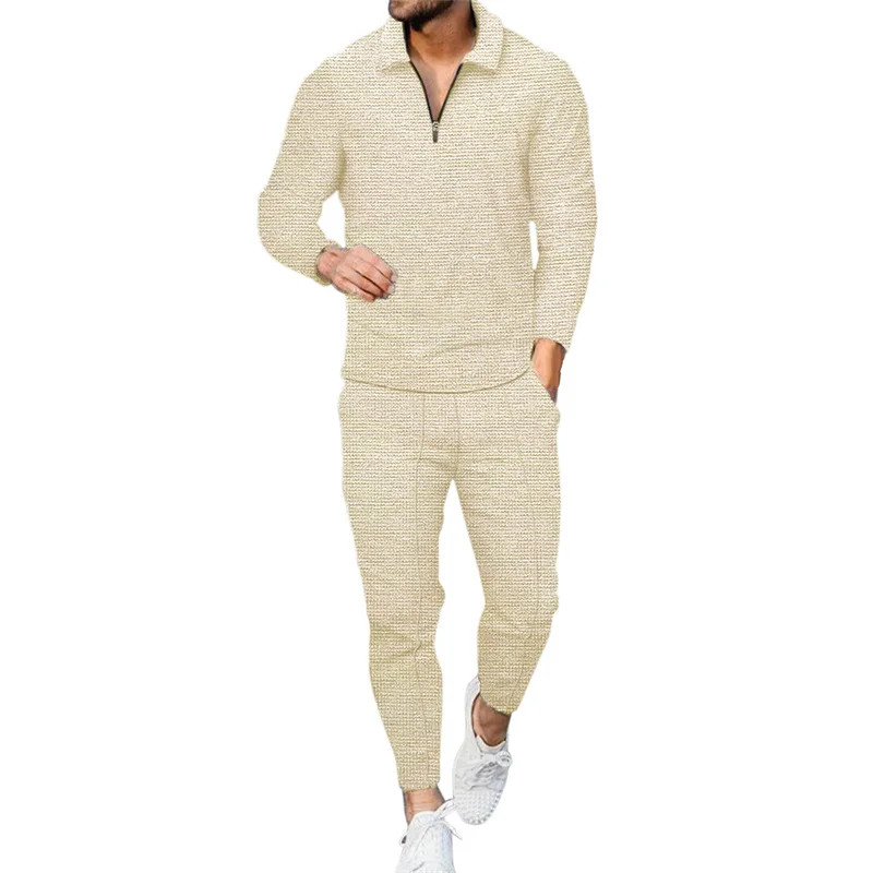 Autumn Winter Two-piece Set Men's Zipper Lapel Neck Long Sleeve Tops Slim Fit Pencil Pants New Waffle Fabric Sports Casual Suits